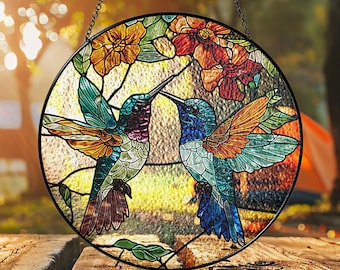 Hummingbird Couple Stained Glass Suncatcher: Bird Lover Gift