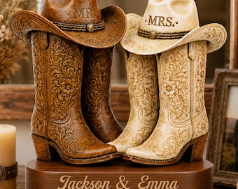 Personalized Western Cowboy Boots Wooden Block,Mr and Mrs Wedding Decor,Cowboy Cowgirl Boots Sign,Rustic Anniversary,Just Engaged Keepsake