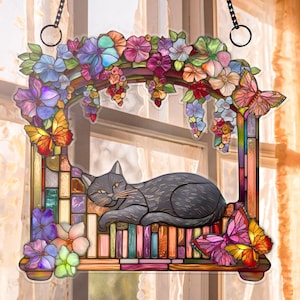 Book lover Fantasy Book Reader Gift, Black Cat And Book Window Hanging, Acrylic Window Hanging, Bookshelf Decor,Book Lover Gift,Bookish Gift