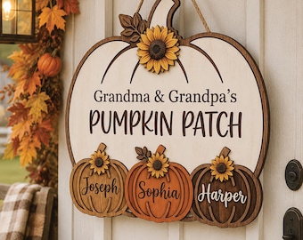 Personalized Grandma Grandpa's Pumpkin Patch Door Hanger, Fall Season Decor, Fall Pumpkin Patch Sign Grandma Thanksgiving Decor, pumpkin kid