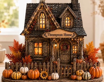 May include: A miniature house figurine with a dark shingled roof, illuminated windows, and a sign reading Thompson Home. The structure is surrounded by a wooden picket fence, orange and white pumpkins, sunflowers, and autumn-colored foliage.