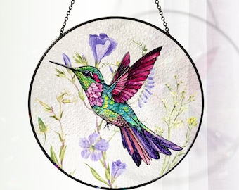 Hummingbird Stained Glass Suncatcher,Hummingbirds  Wild Flowers Suncatcher,Window Hanging,Hummingbird Lover Decor Home,Bird Lover Gift,