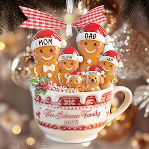 Personalized Gingerbread Family Ornament with Pets – Custom Christmas Mug Keepsake with Names & Year, Family of 3 4 5 6 7 with Dog or Cat