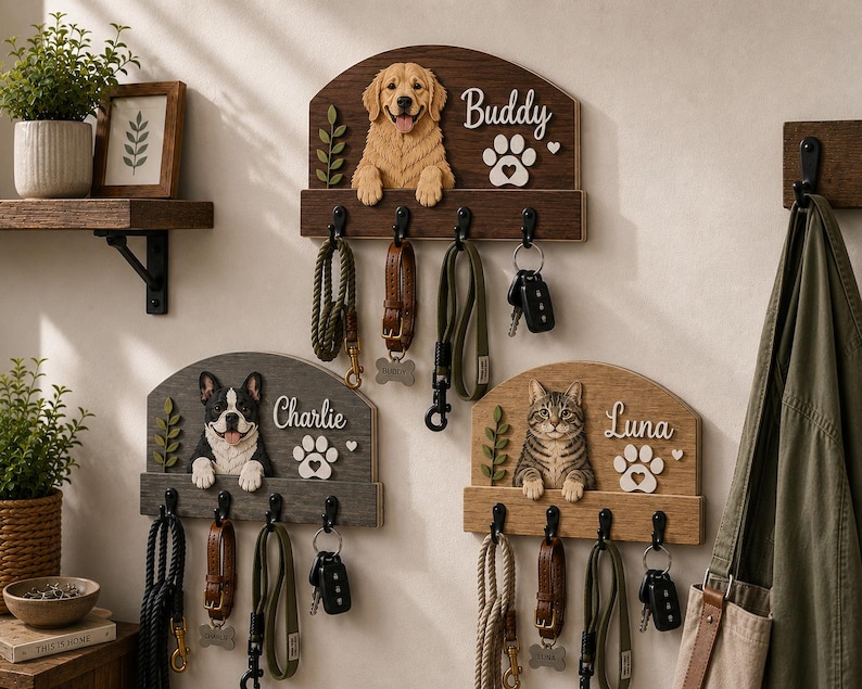 K&ouml;nnte beinhalten: Drei wandmontierte Holzorganizer mit skulptierten Tierfiguren: ein Golden Retriever namens Buddy, eine Franz&ouml;sische Bulldogge namens Charlie und eine getigerte Katze namens Luna. Jede Einheit hat vier schwarze Metallhaken f&uuml;r Leinen und Schl&uuml;ssel.