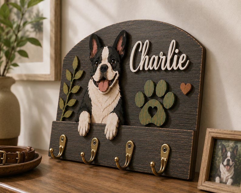 K&ouml;nnte beinhalten: Ein Schl&uuml;sselhalter aus dunklem Holz zur Wandmontage mit einem 3D-Ausschnitt einer schwarz-wei&szlig;en Franz&ouml;sischen Bulldogge, einem gr&uuml;nen Pfotenabdruck, einem kleinen braunen Herz und dem Namen Charlie in wei&szlig;er Schrift sowie vier Messinghaken.