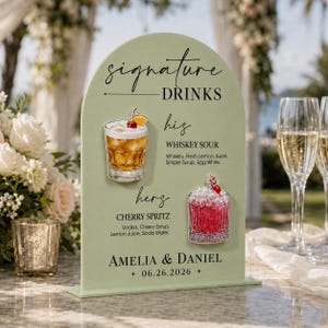 May include: An arched sage green acrylic sign featuring the text Signature Drinks, his Whiskey Sour with ingredients, hers Cherry Spritz with ingredients, and the names Amelia & Daniel with the date 26.06.2026, decorated with cocktail illustrations.