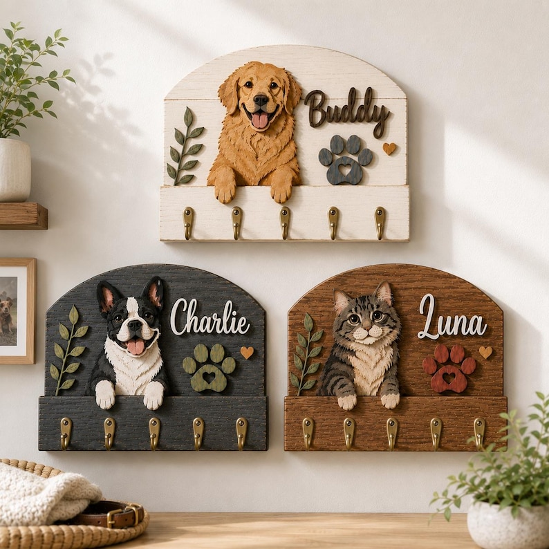 K&ouml;nnte beinhalten: Drei gew&ouml;lbte Wand-Schl&uuml;sselhalter mit 3D-Tierfiguren. Der obere ist wei&szlig; mit einem Golden Retriever namens Buddy. Unten links ist ein dunkelgrauer Halter mit einer franz&ouml;sischen Bulldogge namens Charlie und rechts ein brauner mit einer Katze namens Luna.