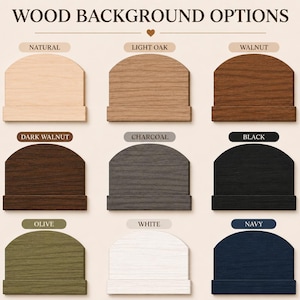 K&ouml;nnte beinhalten: Eine &Uuml;bersicht mit dem Titel WOOD BACKGROUND OPTIONS zeigt neun gew&ouml;lbte Holzbl&ouml;cke in verschiedenen Farben: Natur, helle Eiche, Walnuss, dunkle Walnuss, Anthrazit, Schwarz, Oliv, Wei&szlig; und Marineblau. Jeder Block ist mit seinem Farbnamen beschriftet.