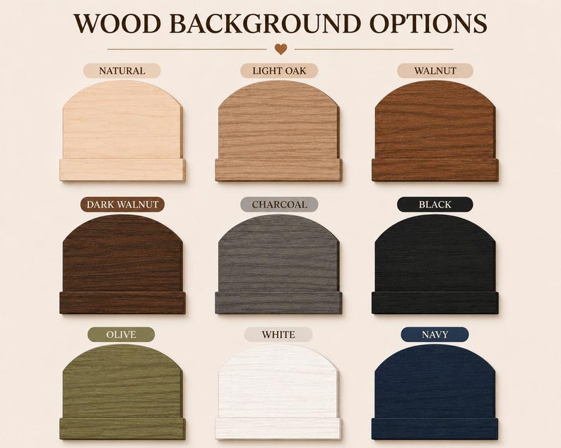 K&ouml;nnte beinhalten: Eine &Uuml;bersicht mit dem Titel WOOD BACKGROUND OPTIONS zeigt neun gew&ouml;lbte Holzbl&ouml;cke in verschiedenen Farben: Natur, helle Eiche, Walnuss, dunkle Walnuss, Anthrazit, Schwarz, Oliv, Wei&szlig; und Marineblau. Jeder Block ist mit seinem Farbnamen beschriftet.