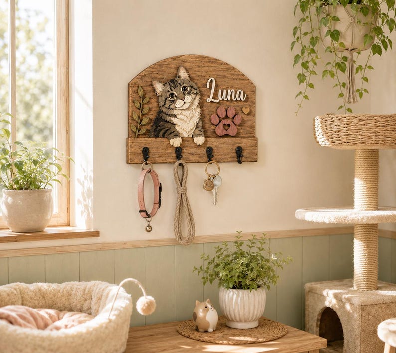 K&ouml;nnte beinhalten: Ein h&ouml;lzernes Wandhakenbrett mit einer geschnitzten grauen getigerten Katze, einem rosa Pfotenabdruck und dem Namen Luna in wei&szlig;er Schrift. Das Brett hat vier schwarze Metallhaken mit einem rosa Halsband, einer Leine und Schl&uuml;sseln.