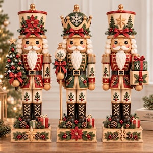 May include: Three decorative nutcracker figures standing on rectangular bases. Each features a white beard, red and green uniform details, and holiday accents like poinsettias, pinecones, and gift boxes. They wear tall hats with stars or snowflakes.