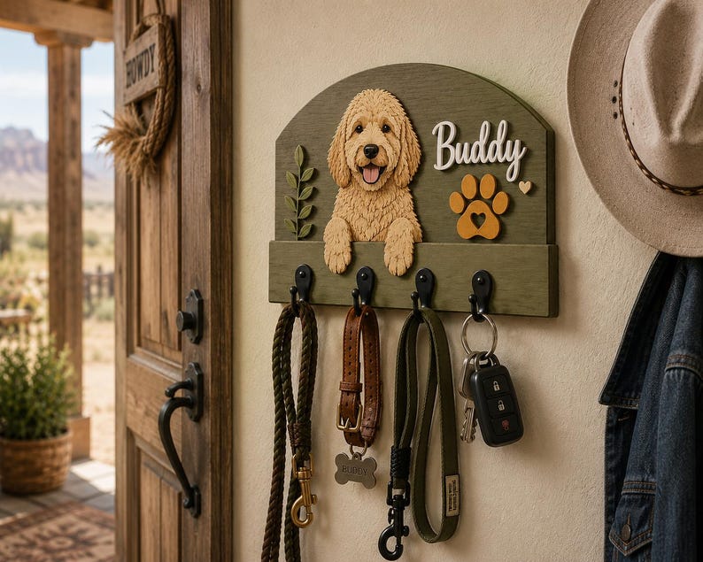 K&ouml;nnte beinhalten: Ein wandmontiertes, olivgr&uuml;nes Holzhakenbrett mit einem skulptierten goldbraunen Hund, einer gelben Pfote und dem Namen Buddy in wei&szlig;er Schrift. Vier schwarze Metallhaken halten eine Leine, ein Lederhalsband, einen Riemen und Schl&uuml;ssel.