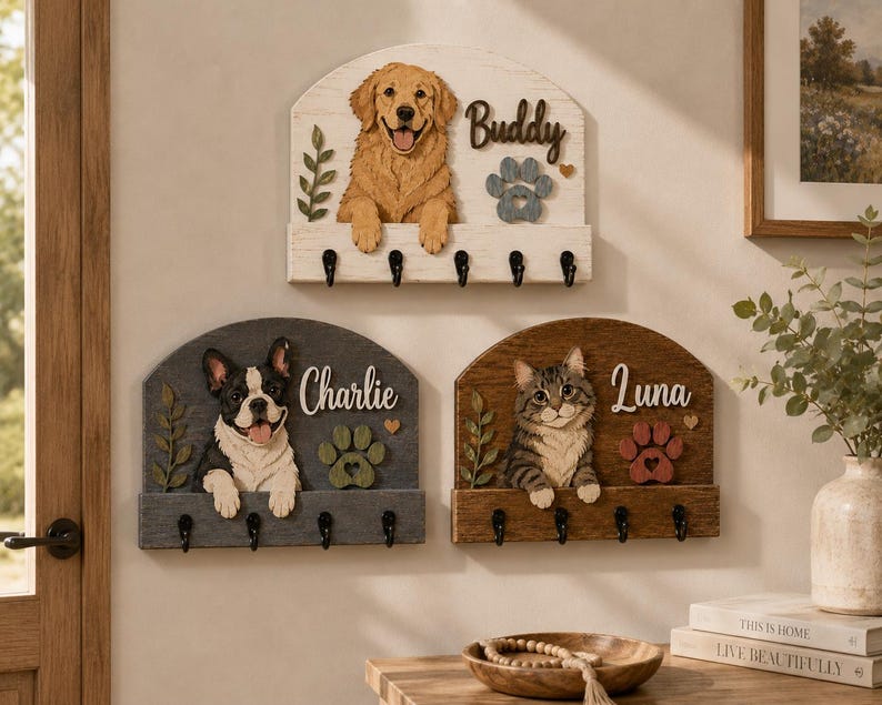 K&ouml;nnte beinhalten: Drei wandmontierte Schl&uuml;sselhalter aus Holz mit geschnitzten Tierfiguren. Ein wei&szlig;es Brett zeigt einen Golden Retriever namens Buddy, ein graues Brett eine Franz&ouml;sische Bulldogge namens Charlie und ein braunes Brett eine getigerte Katze namens Luna.