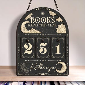 Mystical Wooden Book Tracker – “Books Read This Year” Counter, Personalized Bookish Decor with Moon & Sun Design