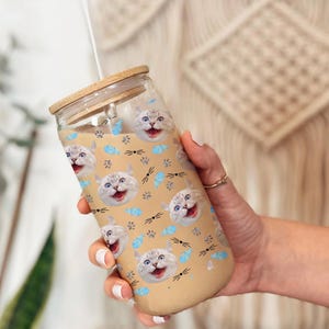 Custom Pet Photo Iced Coffee Cup, Personalized Dog Glass Beer Can with Lid & Straw, Custom Cat Glass, Glass Tumbler, Memorial Gift