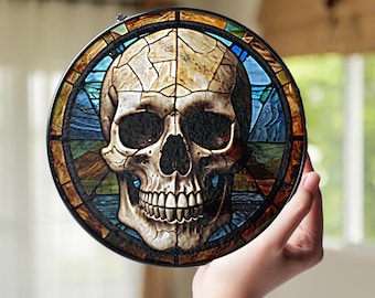 Skull Skeleton Stained Glass Suncatcher,Skull Skeleton Gothic Suncatcher Window Hanging,Halloween Decor,Skeleton Decor Home,Halloween Gift