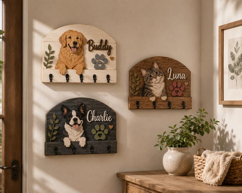 K&ouml;nnte beinhalten: Drei bogenf&ouml;rmige Wandorganizer aus Holz mit geschnitzten Tierfiguren. Sie zeigen einen Golden Retriever namens Buddy, einen Boston Terrier namens Charlie und eine getigerte Katze namens Luna, jeweils mit vier schwarzen Haken und Pfotenabdr&uuml;cken.