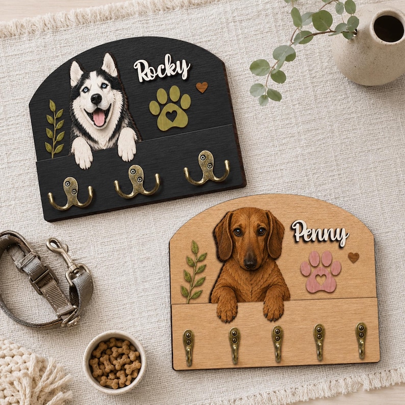 K&ouml;nnte beinhalten: Zwei gew&ouml;lbte Wandorganizer aus Holz mit Hundeportr&auml;ts. Ein schwarzes Brett zeigt einen Husky namens Rocky mit drei Haken. Ein helles Holzbrett zeigt einen Dackel namens Penny mit f&uuml;nf Haken. Beide haben Pfotenabdr&uuml;cke und Blattmotive.