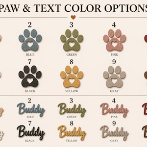 K&ouml;nnte beinhalten: Eine Farbkarte mit dem Titel PAW & TEXT COLOR OPTIONS zeigt zehn nummerierte Pfotenabdr&uuml;cke mit herzf&ouml;rmigen Ausstanzungen und zehn passende Namensschilder in Schreibschrift mit der Aufschrift Buddy. Farben: Natur, Blau, Gr&uuml;n, Rosa, Rot, Wei&szlig;, Schwarz, Gelb, Grau, Braun.