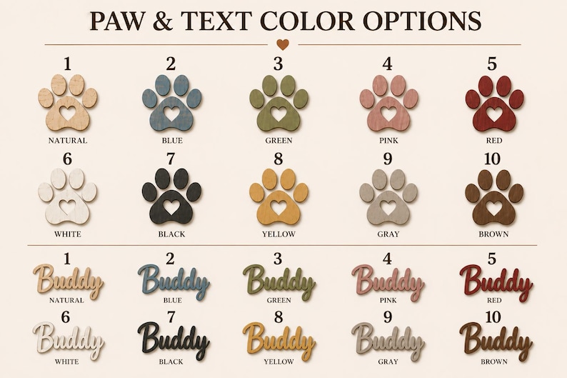K&ouml;nnte beinhalten: Eine Farbkarte mit dem Titel PAW & TEXT COLOR OPTIONS zeigt zehn nummerierte Pfotenabdr&uuml;cke mit herzf&ouml;rmigen Ausstanzungen und zehn passende Namensschilder in Schreibschrift mit der Aufschrift Buddy. Farben: Natur, Blau, Gr&uuml;n, Rosa, Rot, Wei&szlig;, Schwarz, Gelb, Grau, Braun.