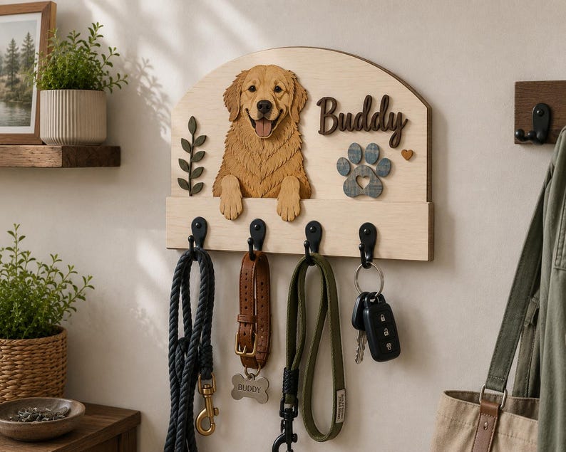K&ouml;nnte beinhalten: Ein helles Wand-Schl&uuml;sselbrett aus Holz mit einem dreidimensionalen Ausschnitt eines Golden Retrievers, einem kleinen gr&uuml;nen Blattzweig, einem dunkelbraunen Namensschild mit der Aufschrift Buddy und einer grauen Pfote mit Herz.