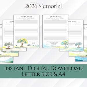 May include: A stack of lined paper sheets with the text "YOU ARE INVITED MEMORIAL OF JESUS DEATH" and "2026 Memorial". Each sheet has a watercolor tree illustration. The bottom banner reads "INSTANT DIGITAL DOWNLOAD LETTER SIZE & A4".
