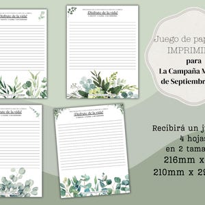May include: Printable stationery set with a green watercolor floral design. The set includes four sheets of paper in two sizes: 8.5 x 11 inches and 8.25 x 11.75 inches. The paper is lined and has the text "Disfrute de la vida!" at the top. The set is for the Global Campaign of September 2024.