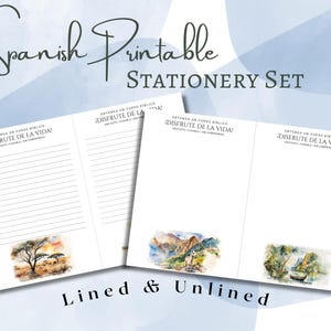 May include: A printable stationery set with lined and unlined pages. The pages feature a Spanish phrase that translates to "Get a Bible Course, Enjoy Life!" and watercolor illustrations of nature scenes.