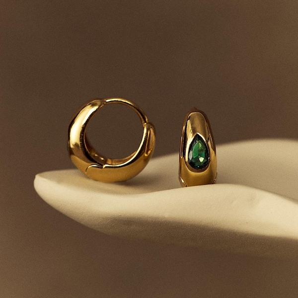 18K guldpläterade grova droppformade örhängen, eleganta djärva tjocka örhängen, smaragdfärgade örhängen, present till henne, mors dag-presenter