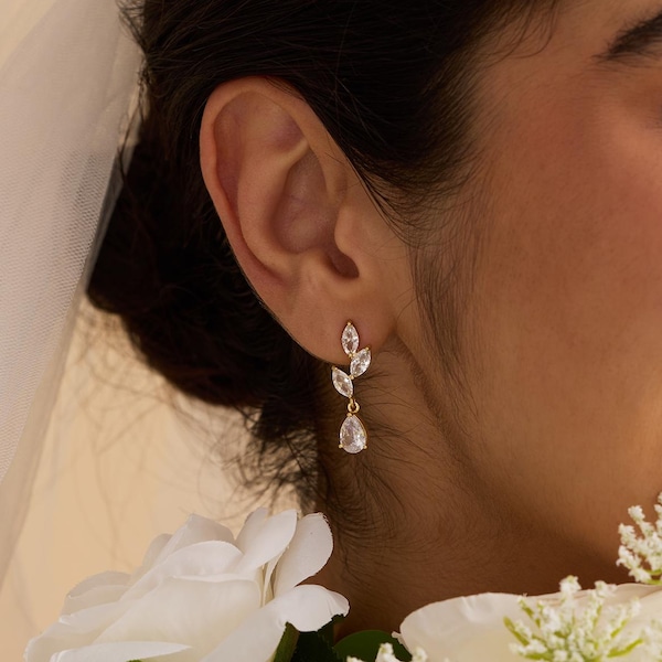 Diamond Tassel Leaf Drop Earrings, Silver Crystal Earrings, CZ Diamond Dangle Earrings, Bridesmaid Gift, Wedding Earrings, Christmas Gifts