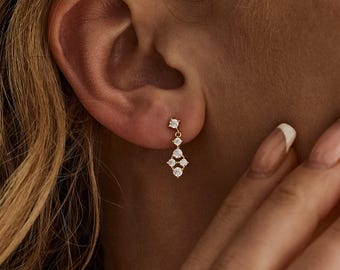 Minimalist Dangle Diamond Earrings, Sterling Silver Drop Earrings, Multi-stone Earrings, Bridesmaid Gift, Christmas Gift, Earrings for Women