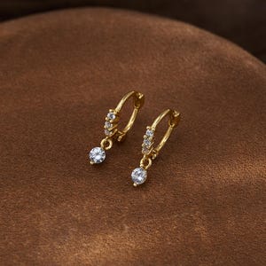 Dainty Diamond Dangle Hoop Earrings, Sterling Silver Hoop Earrings, Diamond Charm Earrings, Minimalist Drop Earrings, Mother&#39;s Day Gifts