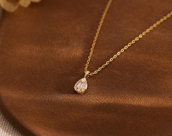 Minimalist Teardrop Diamond Pendant Necklace, 14K Gold Plated Diamond Necklace, Diamond Charm Gold Necklace, Bridesmaid Gifts, Gift for Her