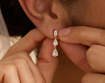 Sterling Silver Dangle Diamond Earrings, Triple Diamond Drop Earrings, Gold Earrings, Bridesmaid Gifts, Wedding Earrings, Christmas Gifts