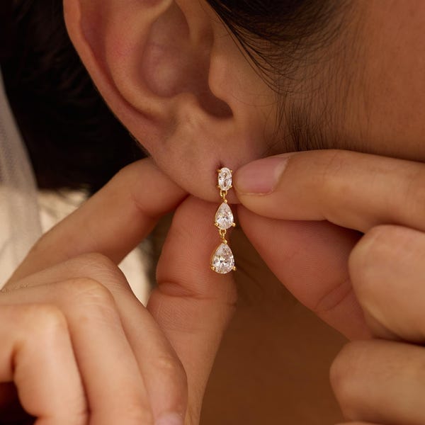 Sterling Silver Dangle Diamond Earrings, Triple Diamond Drop Earrings, Gold Earrings, Bridesmaid Gifts, Wedding Earrings, Christmas Gifts