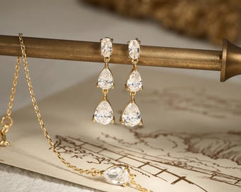 18K Gold Plated Teardrop Diamond Wedding Jewellry Set, Bridal Jewellry Set of Earrings Necklace Bracelet, Wedding Jewellery, Bridesmaid Gift