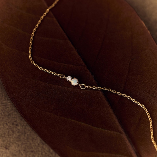 Minimalist Opal Diamond Bracelet, 14K Gold Plated Opal Bracelet, Dainty Charm Bracelet, Mother's Day Gift, Birthstone Bracelet, Gift for Her