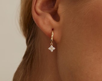 Four-Leaf Clover Hoop Earrings, Sterling Silver Hoop Earrings, Charm Earrings, Lucky Earrings, Silver Earrings, Mother&#39;s Day Gifts
