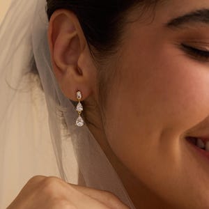 Sterling Silver Dangle Diamond Earrings, Triple Diamond Drop Earrings, Minimalist Earrings, Bridesmaid Gifts, Gift for Her, Wedding Earrings