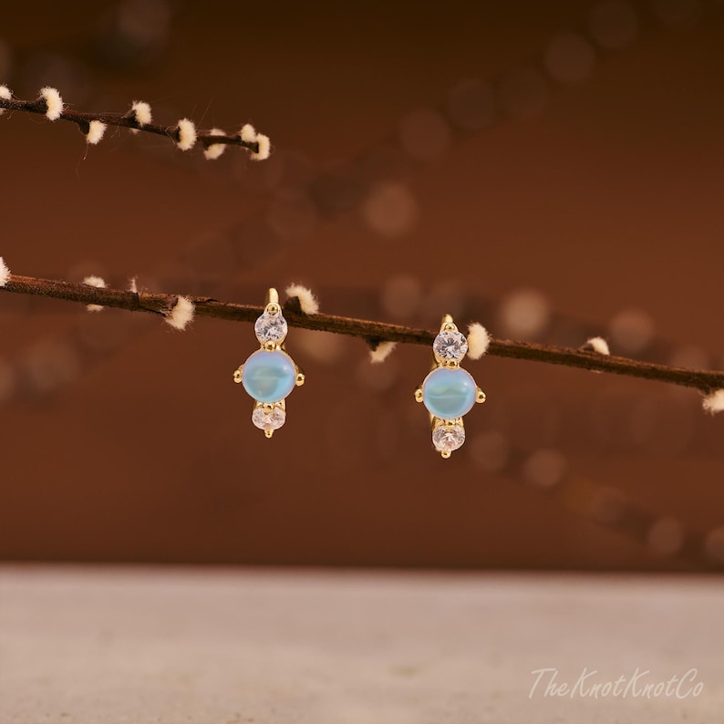 May include: A pair of gold-colored stud earrings. Each earring features a light blue, round gemstone in the center, flanked by two clear, round gemstones. The earrings are displayed against a brown background with a twig.