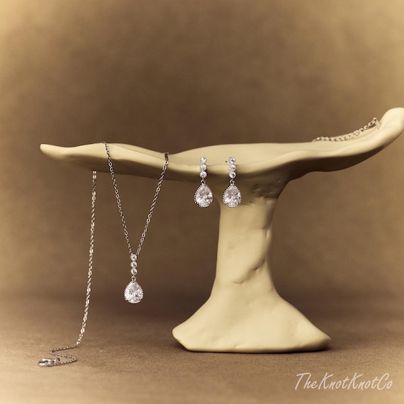 CZ Diamond Wedding Jewellry Set: Crystal Earrings and Necklace, Bridal Jewellry, Wedding Jewellery, Silver Plated Jewellery, Bridesmaid Gift