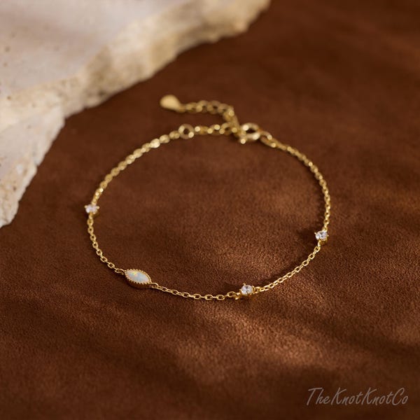 Pulsera minimalista de ópalo marquesa, pulsera con dije de ópalo y diamante, pulsera chapada en oro, joyería con piedra natal, regalo para ella, regalos para el Día de la Madre