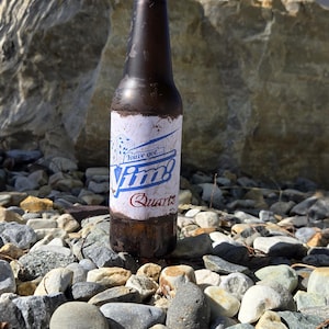 Peut inclure: Une bouteille de bière en verre brun avec un bouchon argenté, étiquetée "Vim" en bleu et blanc, et "Quarts" en rouge. La bouteille est posée sur un lit de galets avec un grand rocher et un ciel bleu en arrière-plan.