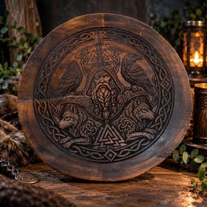 May include: A circular wooden plaque featuring a dark, laser-engraved illustration of a bearded figure with an eyepatch, flanked by two ravens and two wolves. The design includes intricate knotwork patterns and a central triangular valknut symbol.