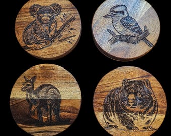 Engraved Acacia Wood Coasters - Aussie Animals and plants