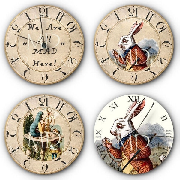 Alice In Wonderland - Altered Faux Clock, Watch - 25mm Round Bottle Cap Sampler - Digital Collage Sheet - NEW