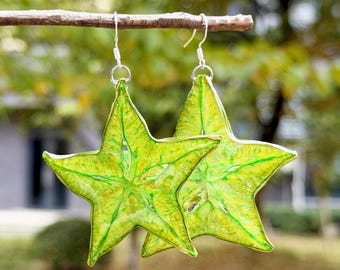 Real Carambola Star Slice Earrings, Carambola Slice Earrings, Resin Coated Fruit Earrings, Dried Star Fruit, Pressed Carambola Fruit