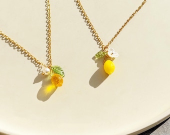 Delicate Lemon Necklaces, Yellow Lemon Necklace, Lightweight Lemon Fruit Necklace, Lemon Necklace