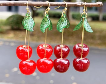 Women Cherry Dangle Earrings, Red Cherry Fruit Earrings, Glass Cherry Food, Cute Unique Cherry Earrings