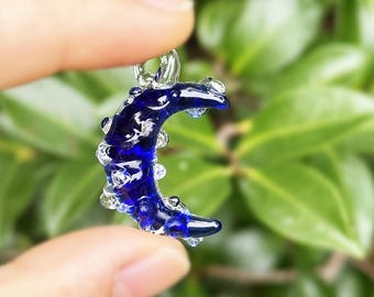 Unique Glass Moon Pendant, Glass Moon Necklace, Blue Moon Pendant, Lampwork Glass Moon, Glass Art Moon